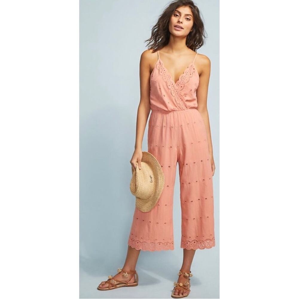 L*Space Ciara Boho Jumpsuit Peach Eyelet Sleeveless Lace Up Back V-Neck Small
